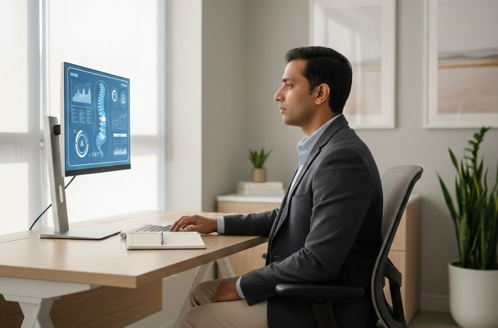 Ergonomic desk setup for office neck pain relief Markham.