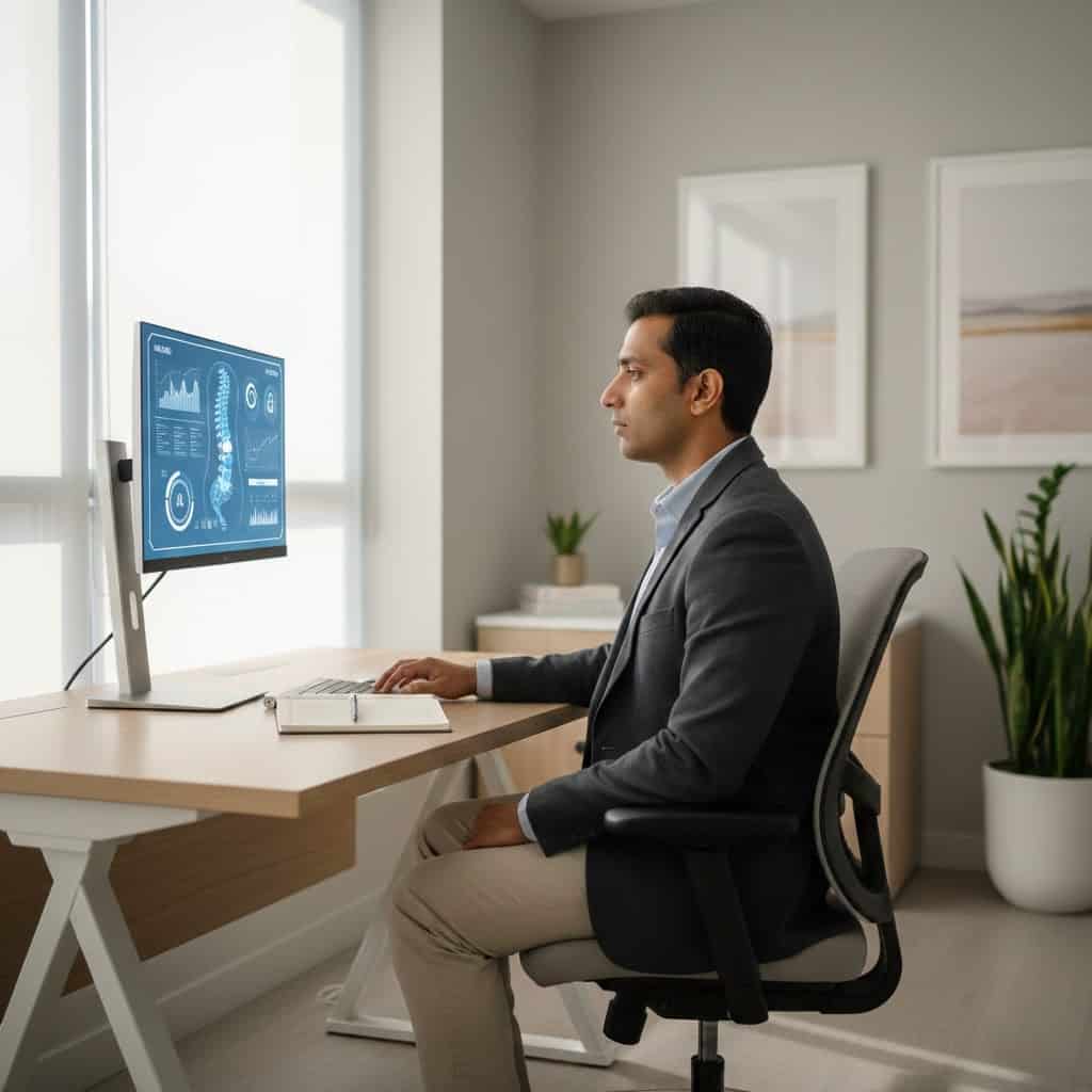 Ergonomic desk setup for office neck pain relief Markham.