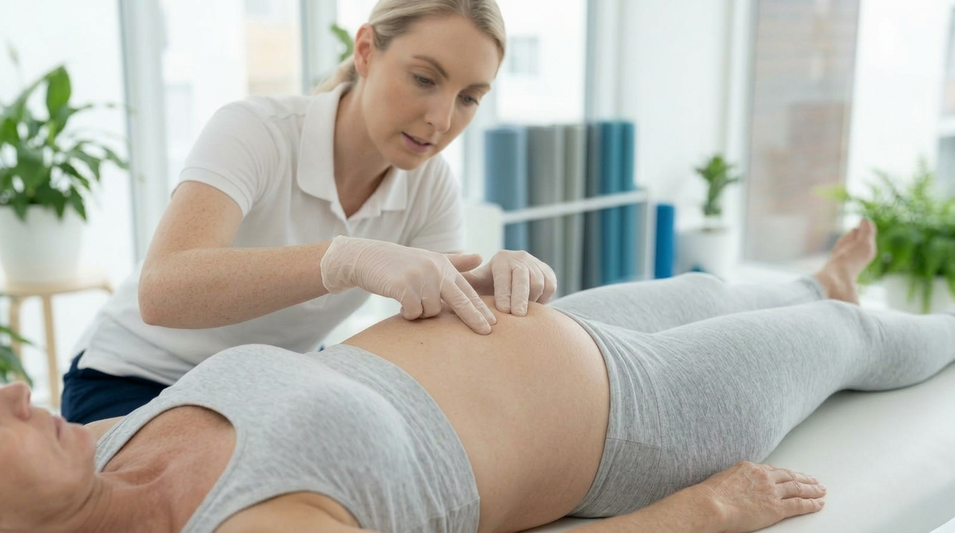 Physiotherapist checking abdominal separation during postpartum rehabilitation
