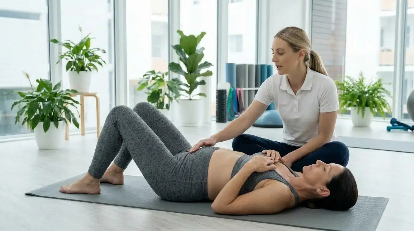 Postpartum patient learning diaphragmatic breathing exercise for core recovery