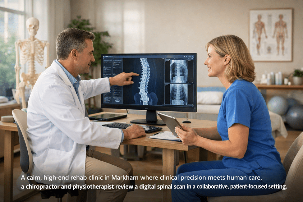 A calm, high-end rehab clinic in Markham where clinical precision meets human care, a chiropractor and physiotherapist review a digital spinal scan in a collaborative, patient-focused setting