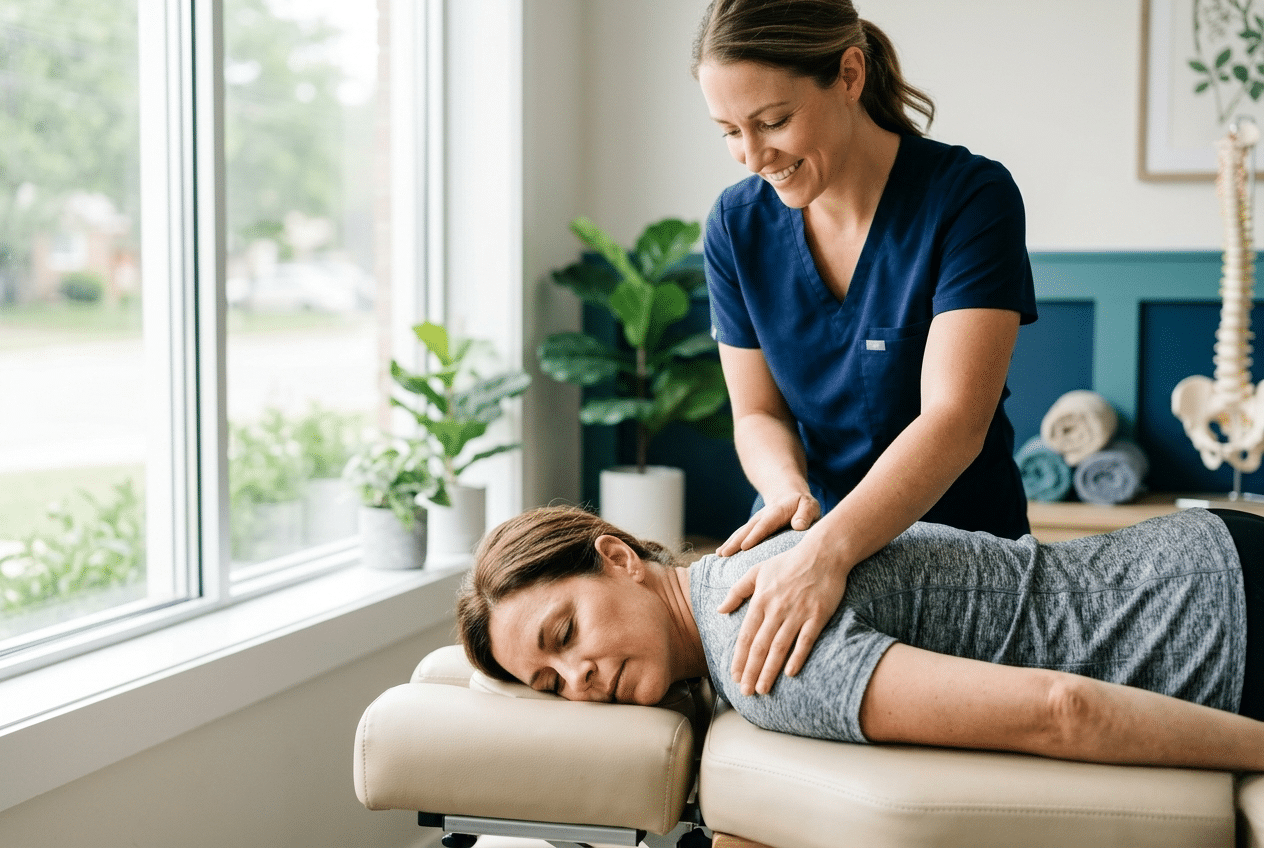 A clinician providing gentle, hands-on manual therapy and chiropractic care to relieve back pain and restore mobility.