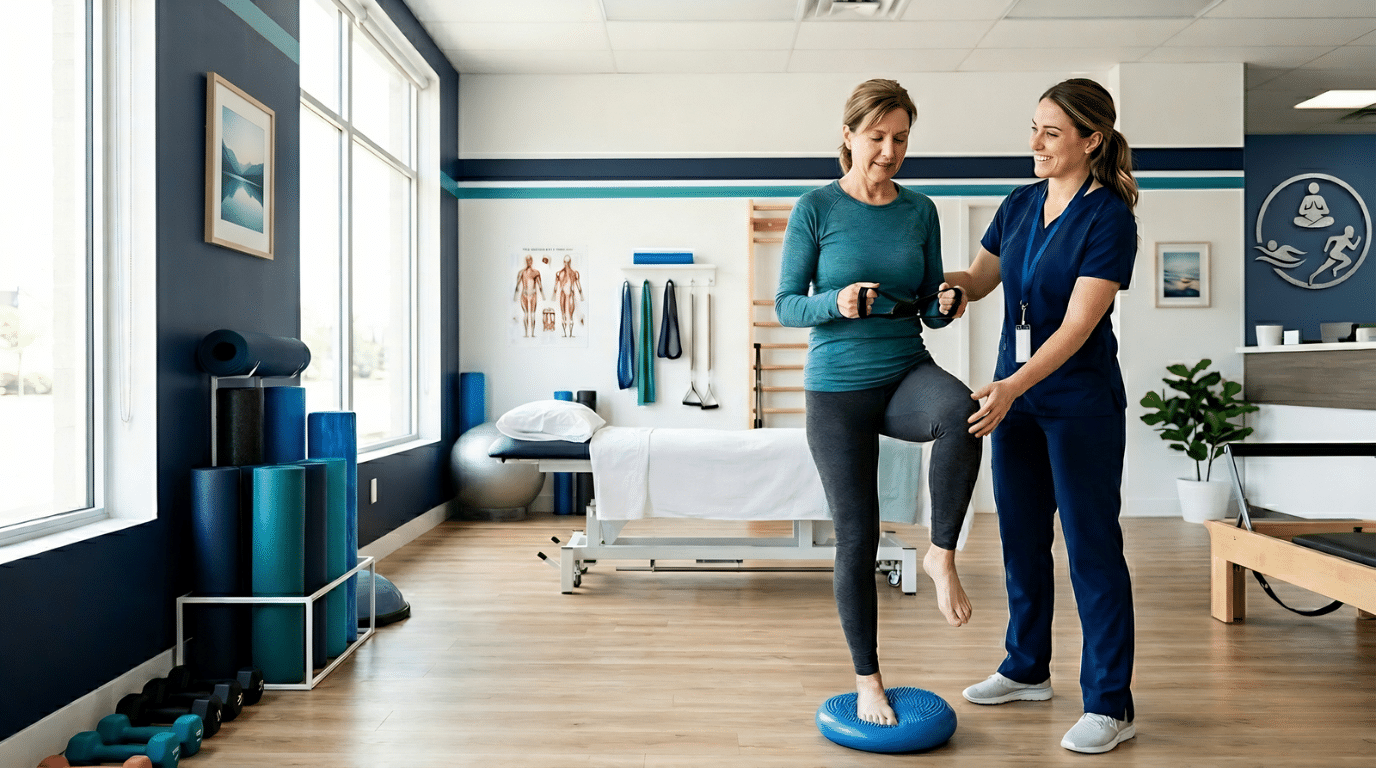 A modern Integrated Rehab Clinic Markham showing a professional guiding a patient through coordinated recovery exercises.
