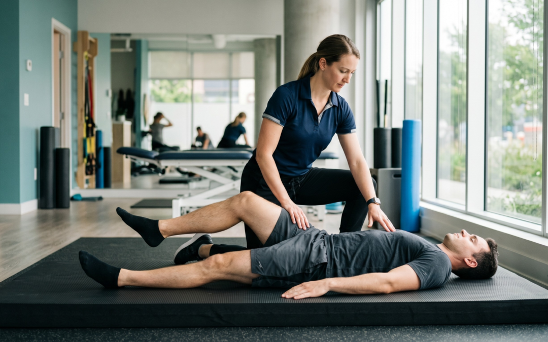 A professional physical therapist conducting an integrated functional mobility training assessment with a patient in a Markham wellness clinic.
