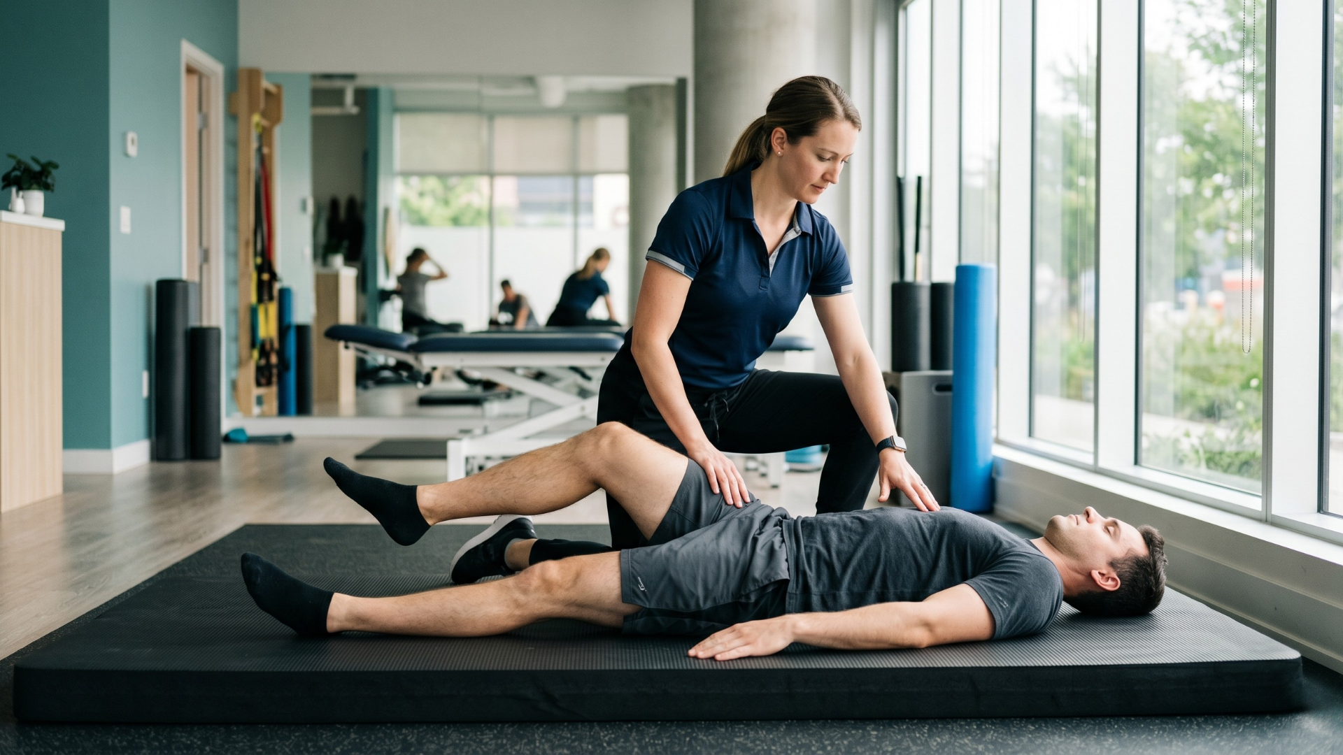 A professional physical therapist conducting an integrated functional mobility training assessment with a patient in a Markham wellness clinic.