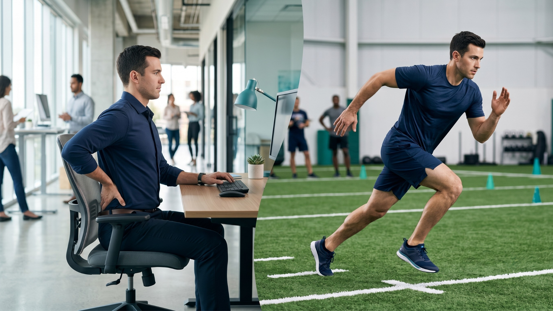A split-exposure photograph showing a corporate professional at a computer desk transitioning into dynamic athletic movement on a training turf.