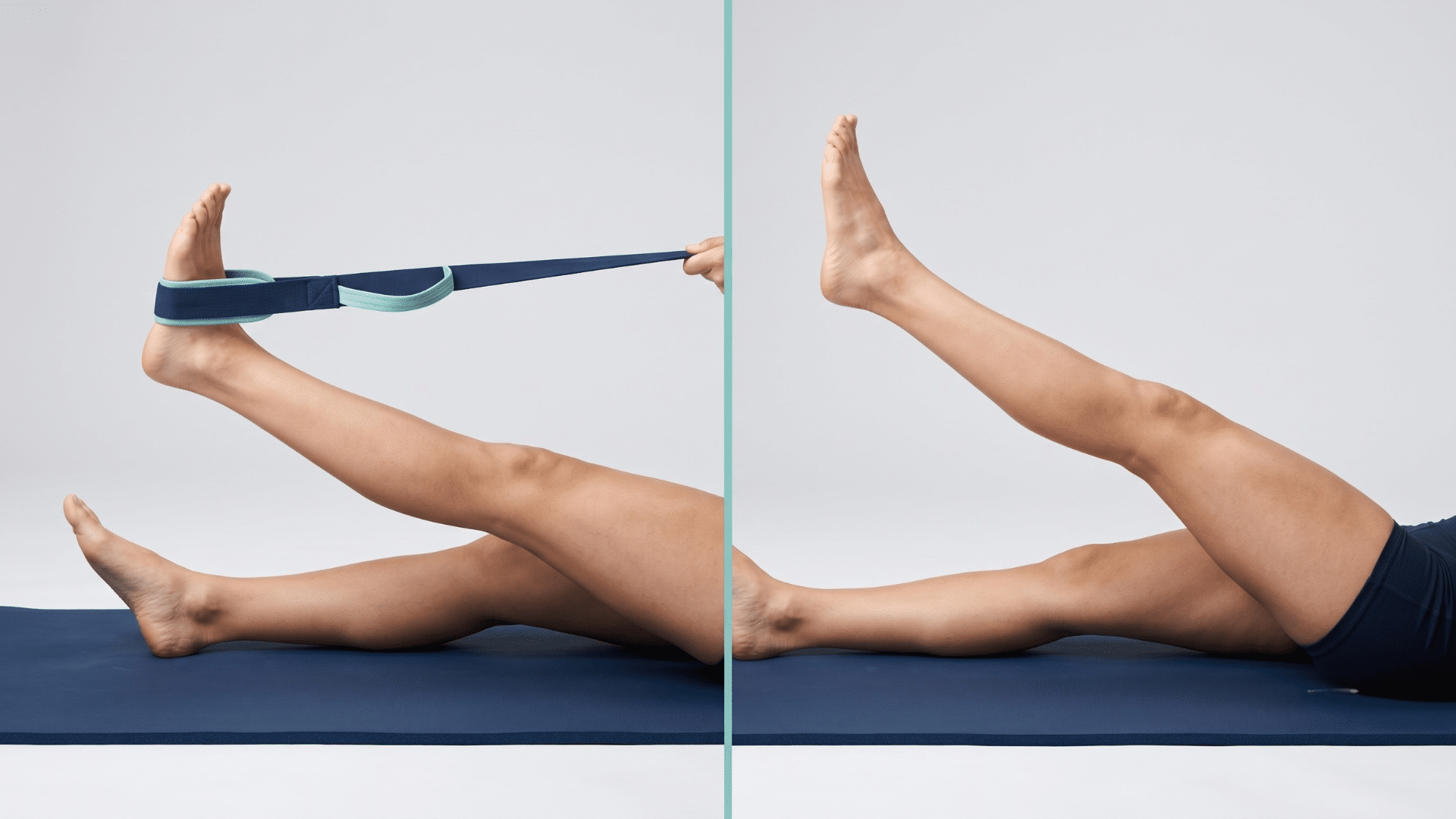 A split-screen studio comparison demonstrating the visual difference between passive muscle stretching and active joint mobility control.