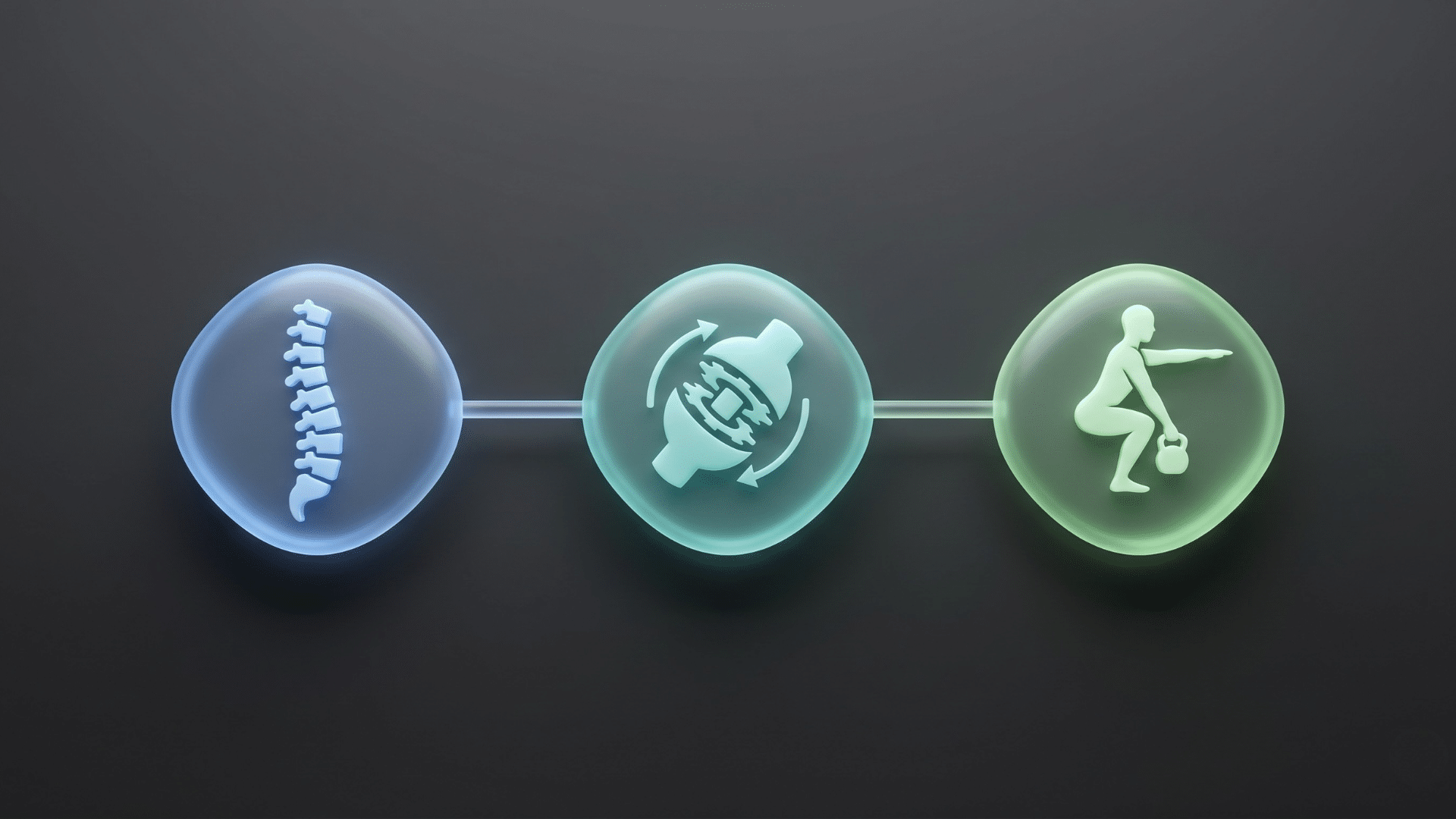 A clean 3D conceptual diagram showing the three sequential phases of clinical physical rehabilitation and movement integration.
